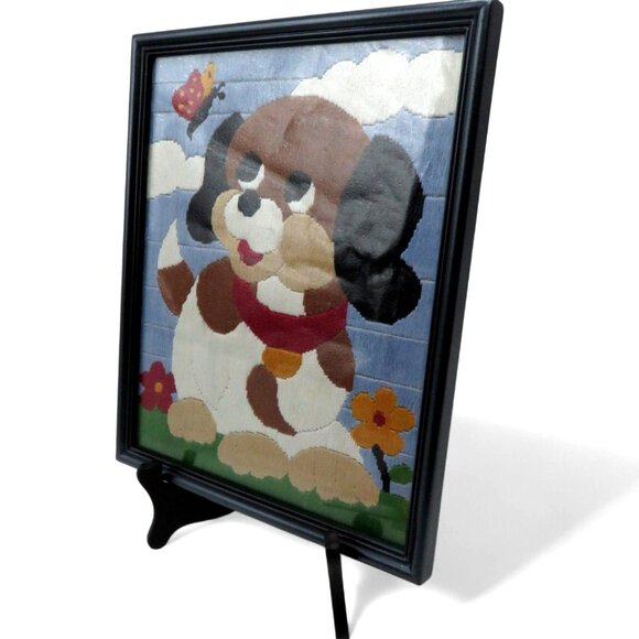 PUPPY Dog NEEDLEPOINT Framed in Black Wood Frame 10.7 x 9.5" Vintage - Picture 3 of 6